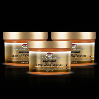 African Pride Black Castor Miracle Extra Hold Braid, Loc, Twist Gel - Tames Frizz & Edges, No Parabens, No Sulfates, No Mineral Oil, No Petrolatum, Contains Black Castor & Coconut Oil, 8 oz (3 Pack)