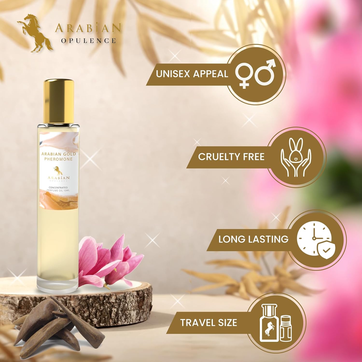 Arabian Gold Pheromone Roll-on Perfume Oil | Concentrated Fragrance | Long Lasting Oil Based Perfume for Men and Women | Travel Size Bottle Alcohol-Free (15ml)