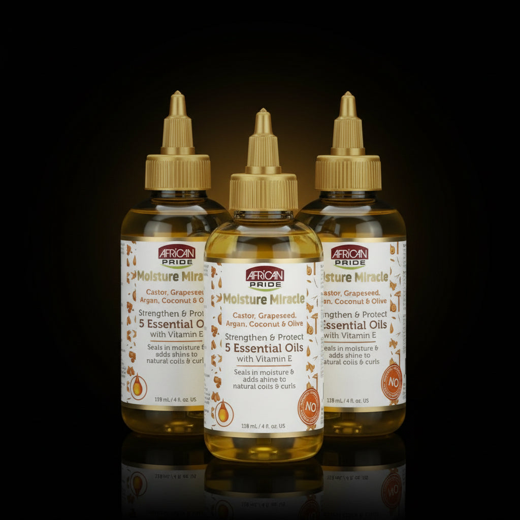 African Pride Moisture Miracle 5 Essential Oils - Contains Castor, Grapeseed, Argan, Coconut & Olive Oil, Seals in Moisture & Adds Shine, Vitamin E, 4 oz (3 Pack)