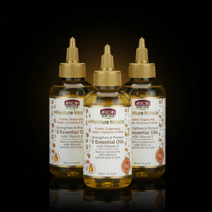 African Pride Moisture Miracle 5 Essential Oils - Contains Castor, Grapeseed, Argan, Coconut & Olive Oil, Seals in Moisture & Adds Shine, Vitamin E, 4 oz (3 Pack)