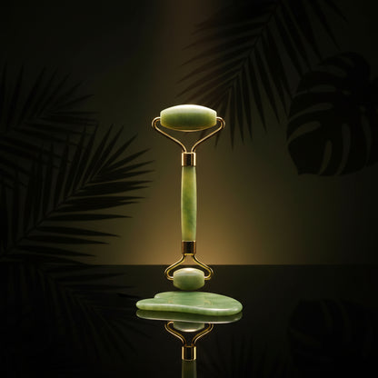 Jade Roller with Gua Sha and Vitamin C Serum - Aloe Vera & Retinol - Facial Roller - 100% Pure Jade Stone Facial Massage - Anti-Aging Massage Set