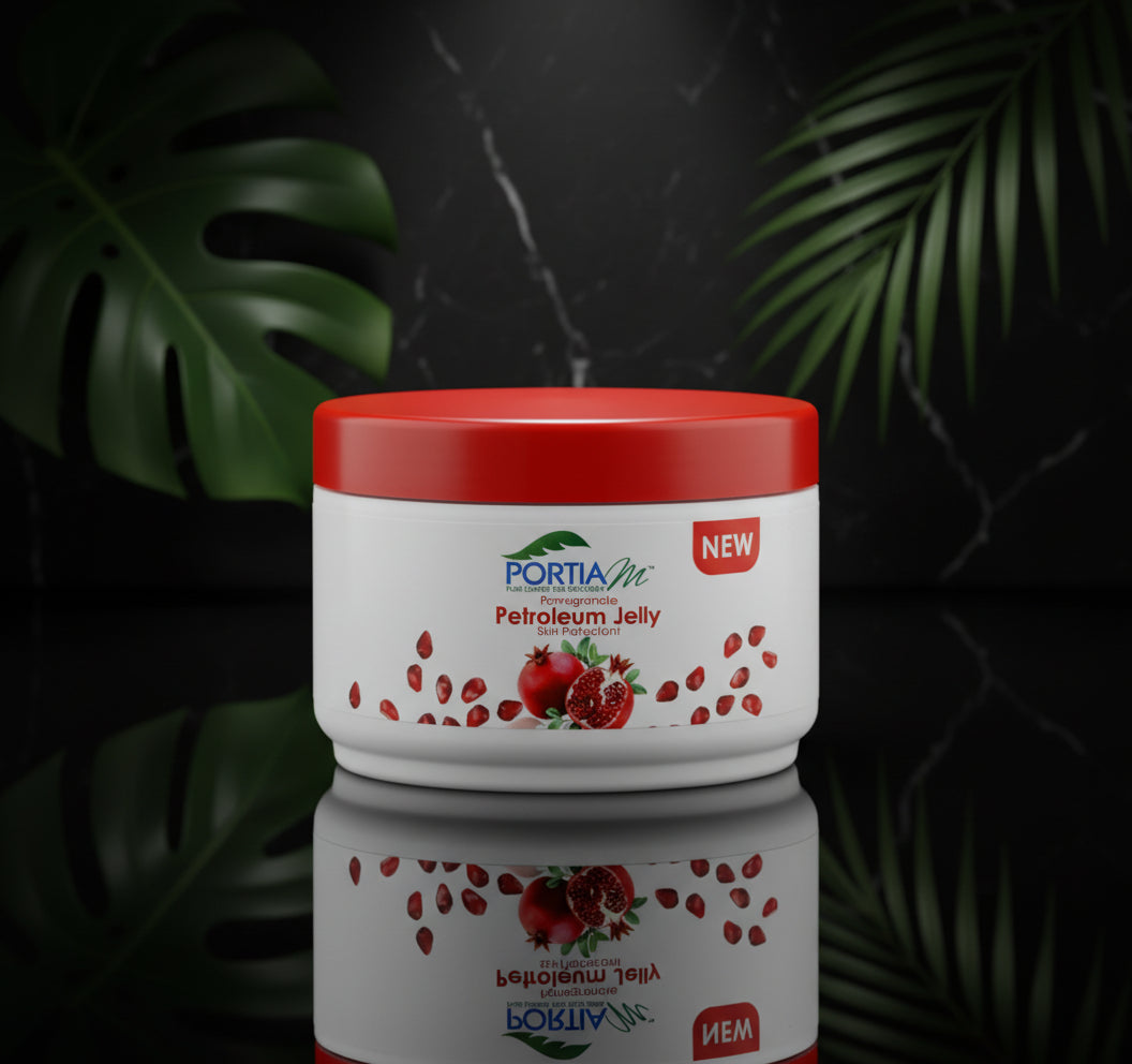 Jar of Portia Petroleum Jelly with red lid and pomegranate design on a white background