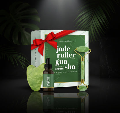 Jade Roller with Gua Sha and Vitamin C Serum - Aloe Vera & Retinol - Facial Roller - 100% Pure Jade Stone Facial Massage - Anti-Aging Massage Set