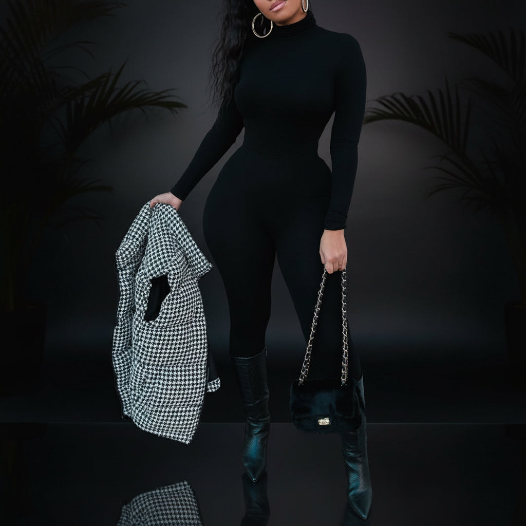 Azhong Women's Sexy Long Sleeve Turtleneck Jumpsuits Bodycon Back Zipper High Waist One Piece Casual Club Rompers