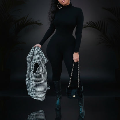 Azhong Women's Sexy Long Sleeve Turtleneck Jumpsuits Bodycon Back Zipper High Waist One Piece Casual Club Rompers