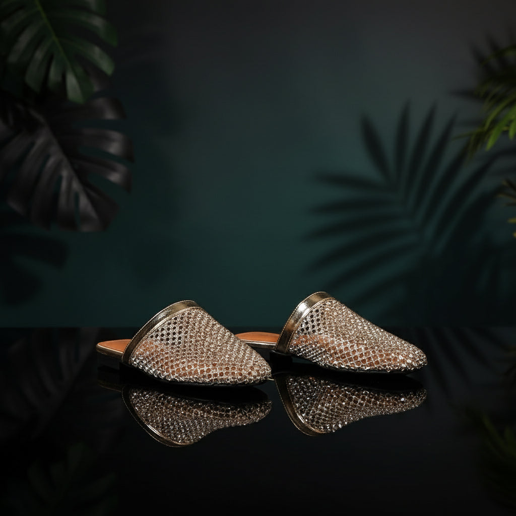 Sparkling Rhinestone Mesh Flat Slippers