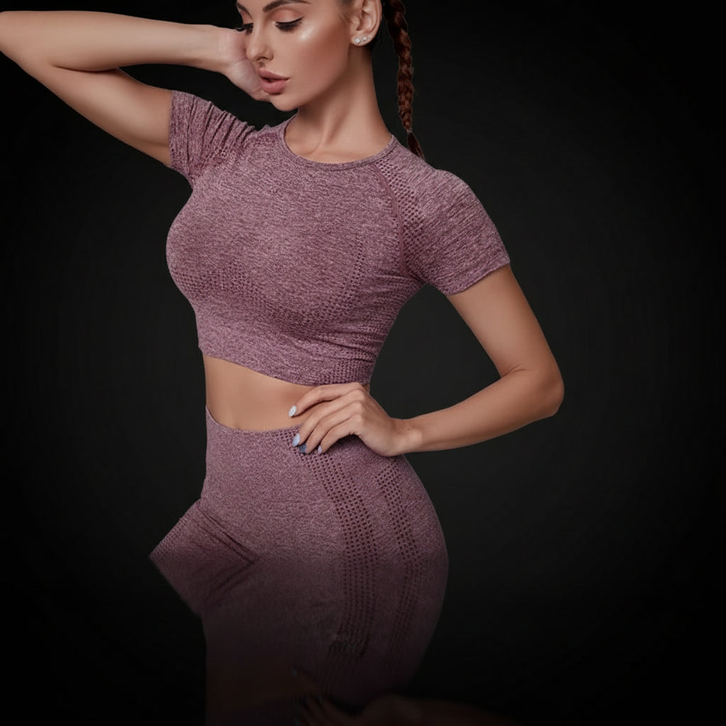 Women Seamless Yoga Outfits 2 Piece Set Workout Gym Shorts + Short Sleeve Crop Top