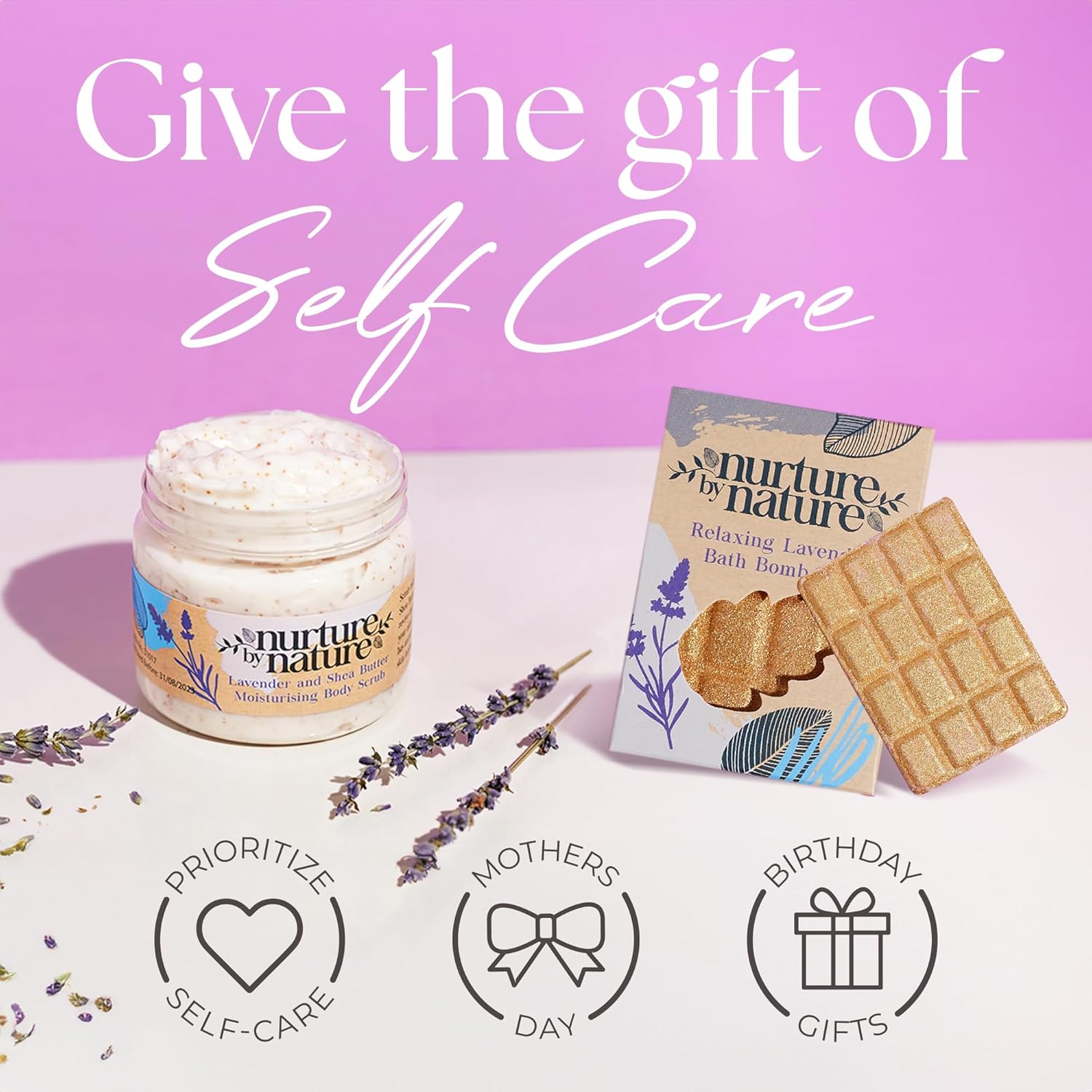 Nurture by Nature RELAX & CALM Spa Kit - Mothers Day Gift - Spa Gift Baskets For Women, Complete Bath Sets for Women Gift - Lavender Pillow Mist, Bath Salts, Bath Bomb - Self Care Gift Basket