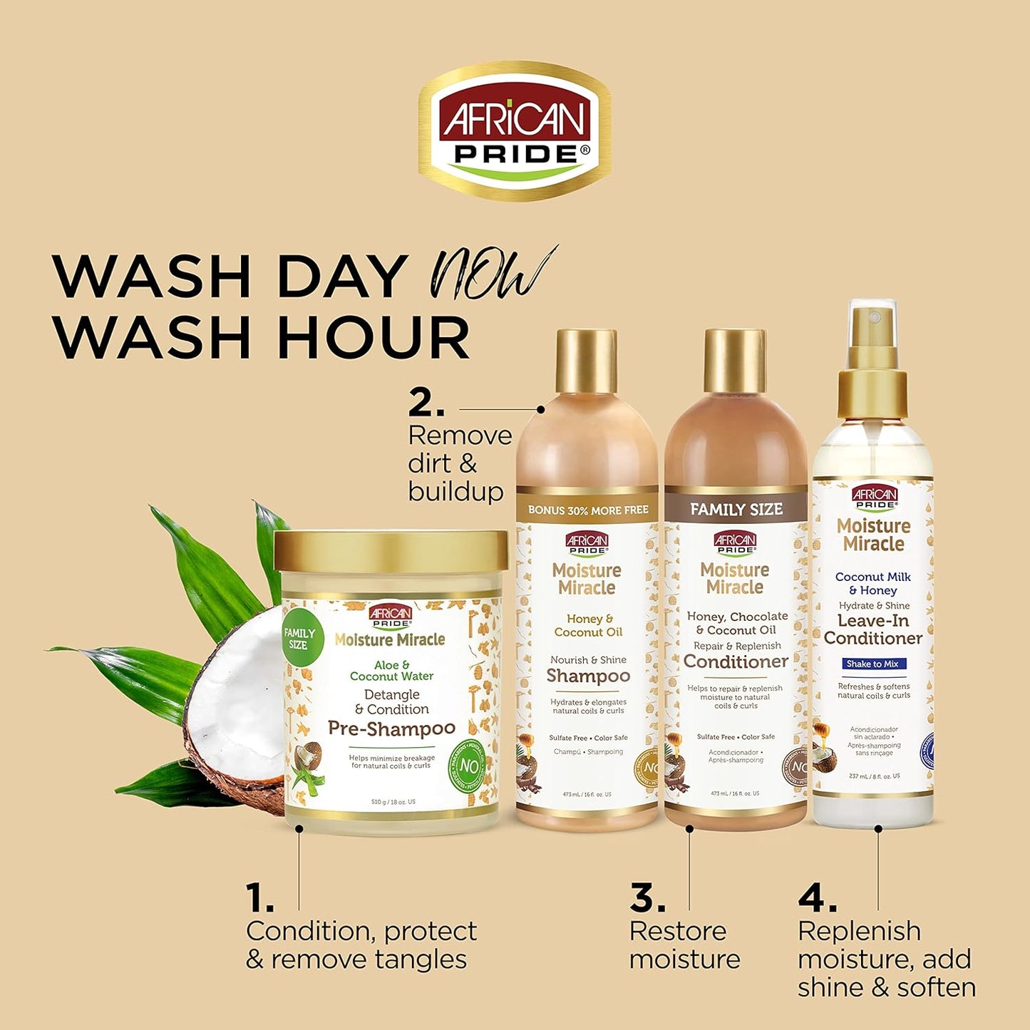 African Pride Moisture Miracle Pre-Shampoo Hair Detangler with Aloe & Coconut Water | Minimizes Breakage, Hydrates & Strengthens | Pre-Poo Treatment for Natural Coils & Curls | 18 oz.