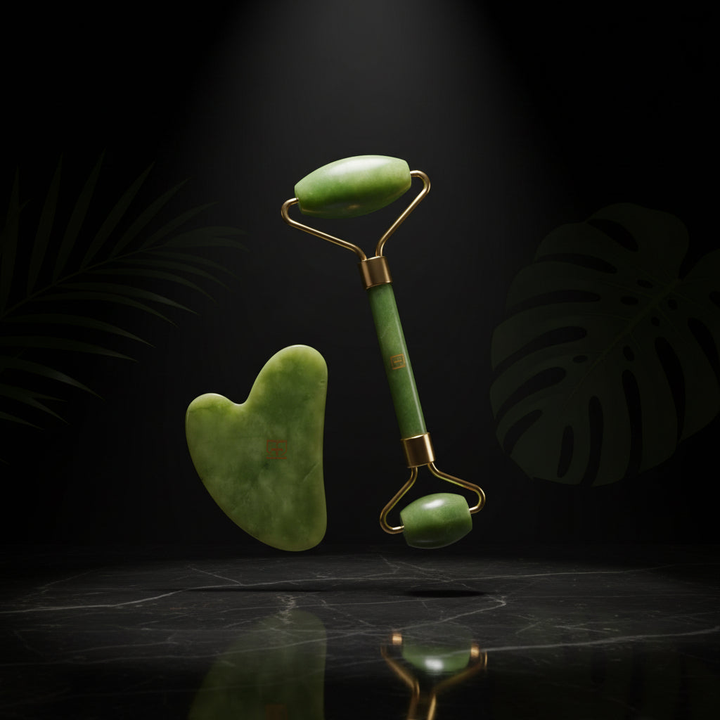 Premium Jade Roller & Gua Sha Set - 5-in-1 Skin Serum, Anti-Aging Glow Facial Massager, Luxury Skincare Gift for Women and Men (with Hyaluronic Acid + Vitamin C +