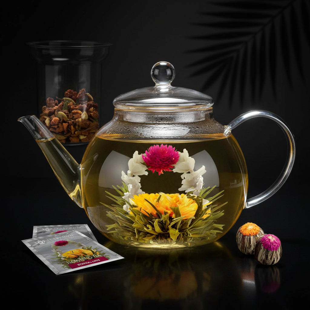 Teabloom Stovetop & Microwave Safe Glass Teapot with Removable Loose Tea Glass Infuser – Includes 2 Blooming Teas – 2-in-1 Tea Kettle and Tea Maker – Tea Purist's Choice