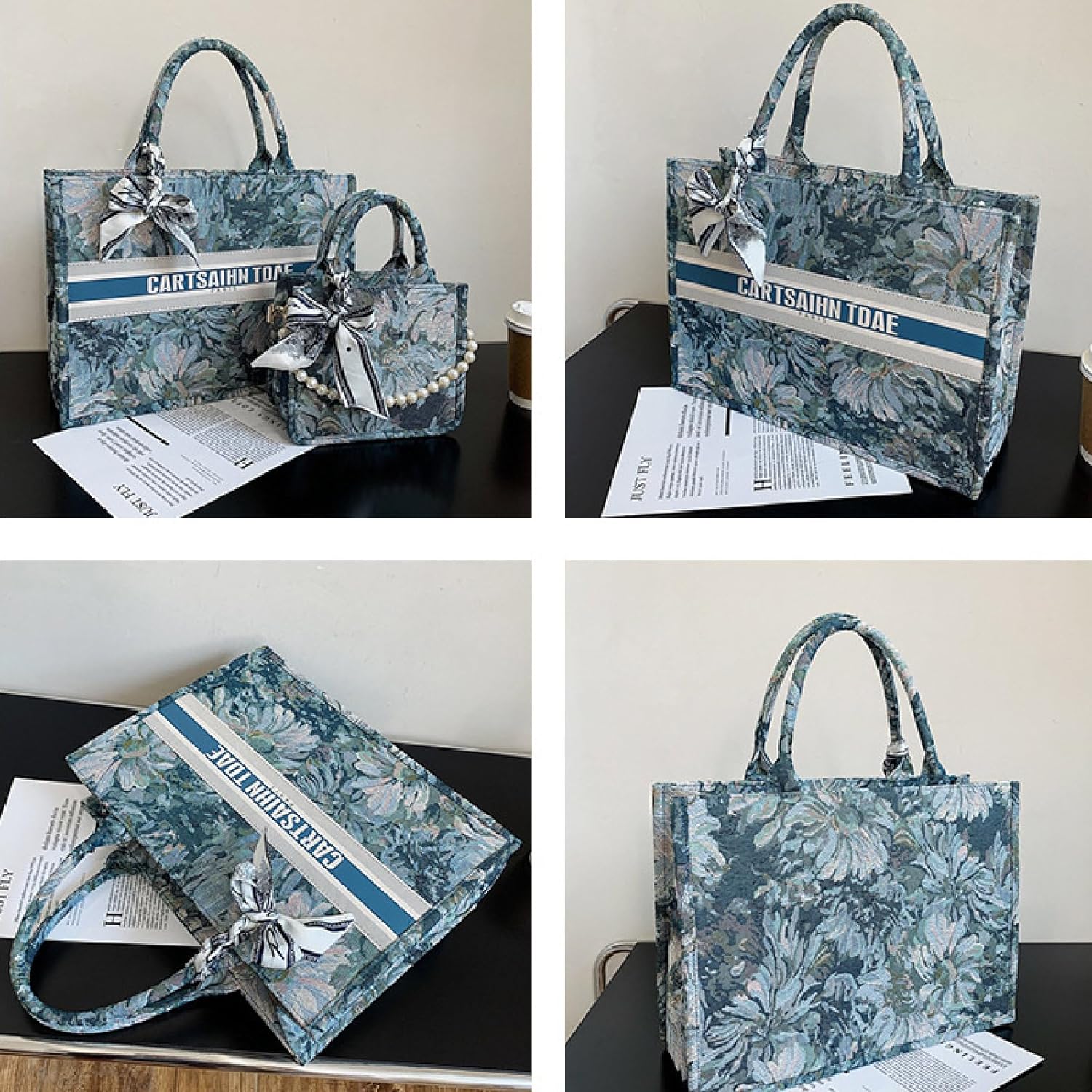 Women Handbags Fashion Canvas Tote Bag Large Capacity Jacquard Retro Exquisite Shoulder Bag,Black,38 * 28 * 13Cm