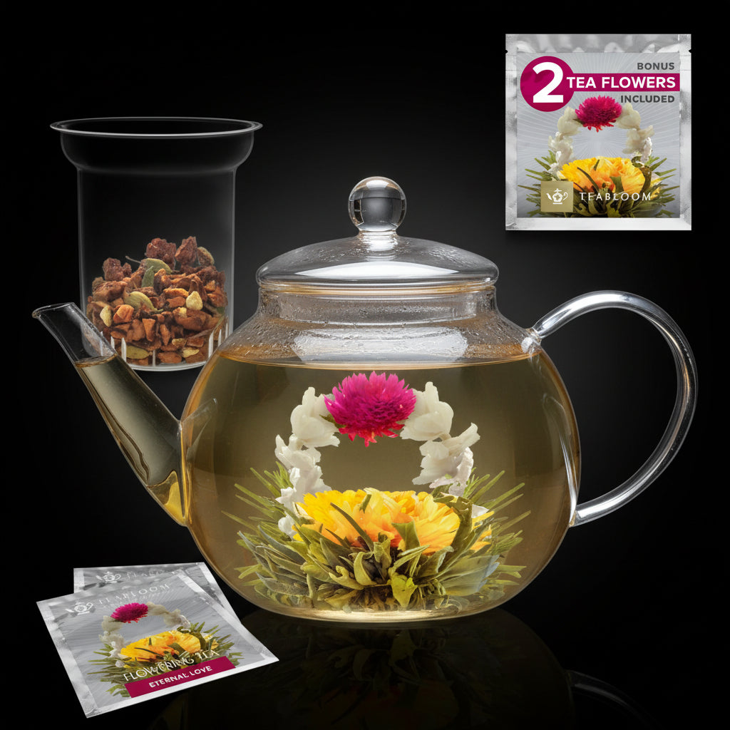 Teabloom Stovetop & Microwave Safe Glass Teapot with Removable Loose Tea Glass Infuser – Includes 2 Blooming Teas – 2-in-1 Tea Kettle and Tea Maker – Tea Purist's Choice