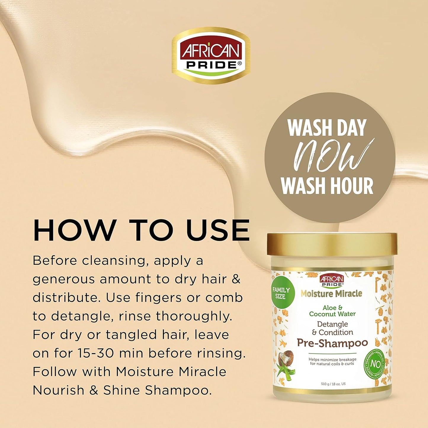 African Pride Moisture Miracle Pre-Shampoo Hair Detangler with Aloe & Coconut Water | Minimizes Breakage, Hydrates & Strengthens | Pre-Poo Treatment for Natural Coils & Curls | 18 oz.