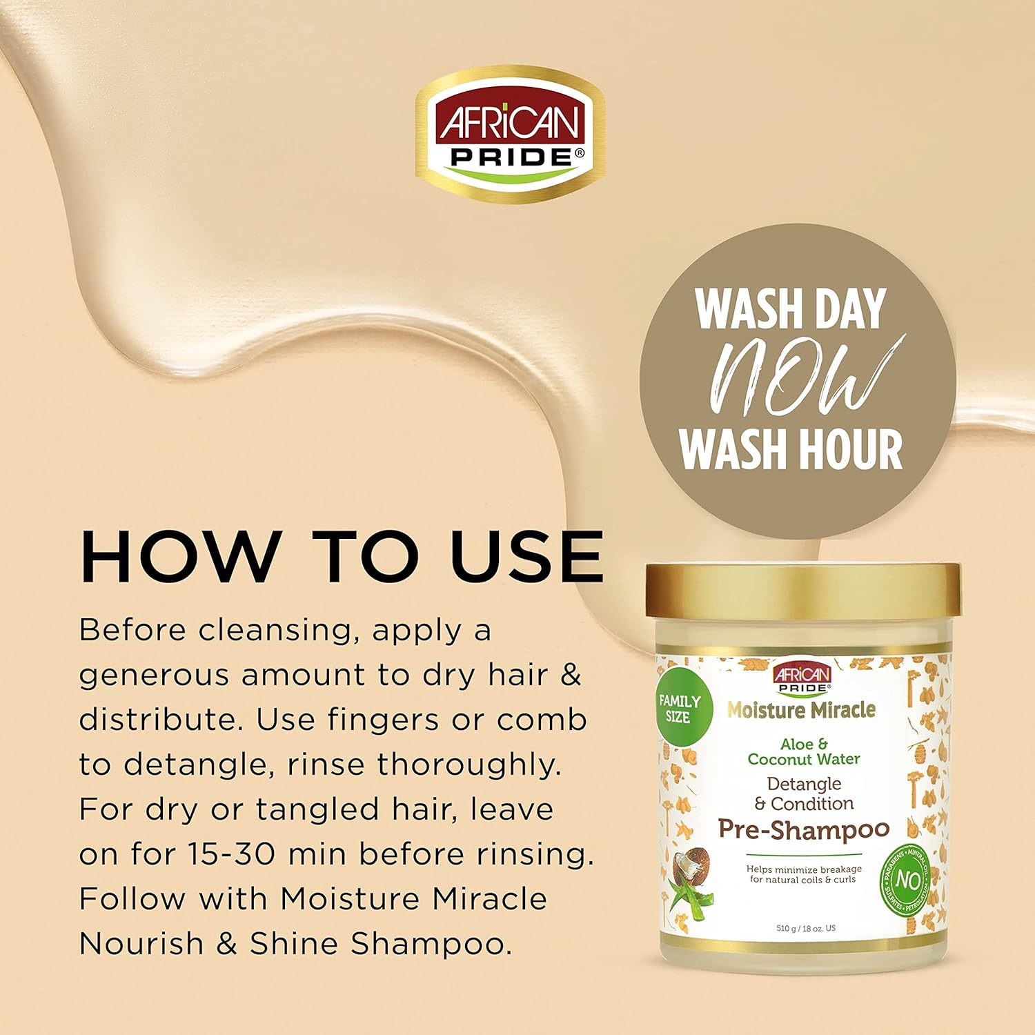 African Pride Moisture Miracle Pre-Shampoo Hair Detangler with Aloe & Coconut Water | Minimizes Breakage, Hydrates & Strengthens | Pre-Poo Treatment for Natural Coils & Curls | 18 oz.