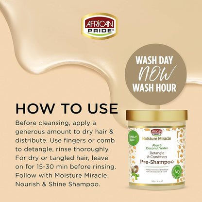African Pride Moisture Miracle Pre-Shampoo Hair Detangler with Aloe & Coconut Water | Minimizes Breakage, Hydrates & Strengthens | Pre-Poo Treatment for Natural Coils & Curls | 18 oz.