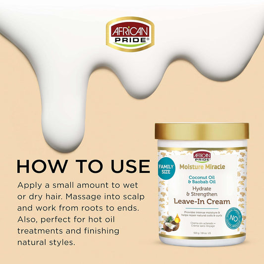 African Pride Moisture Miracle Coconut Oil & Baobab Oil Leave-In Hair Cream - Provides Intense Moisture & Helps Repair Natural Coils & Curls, Hydrates & Strengthens, 18 oz