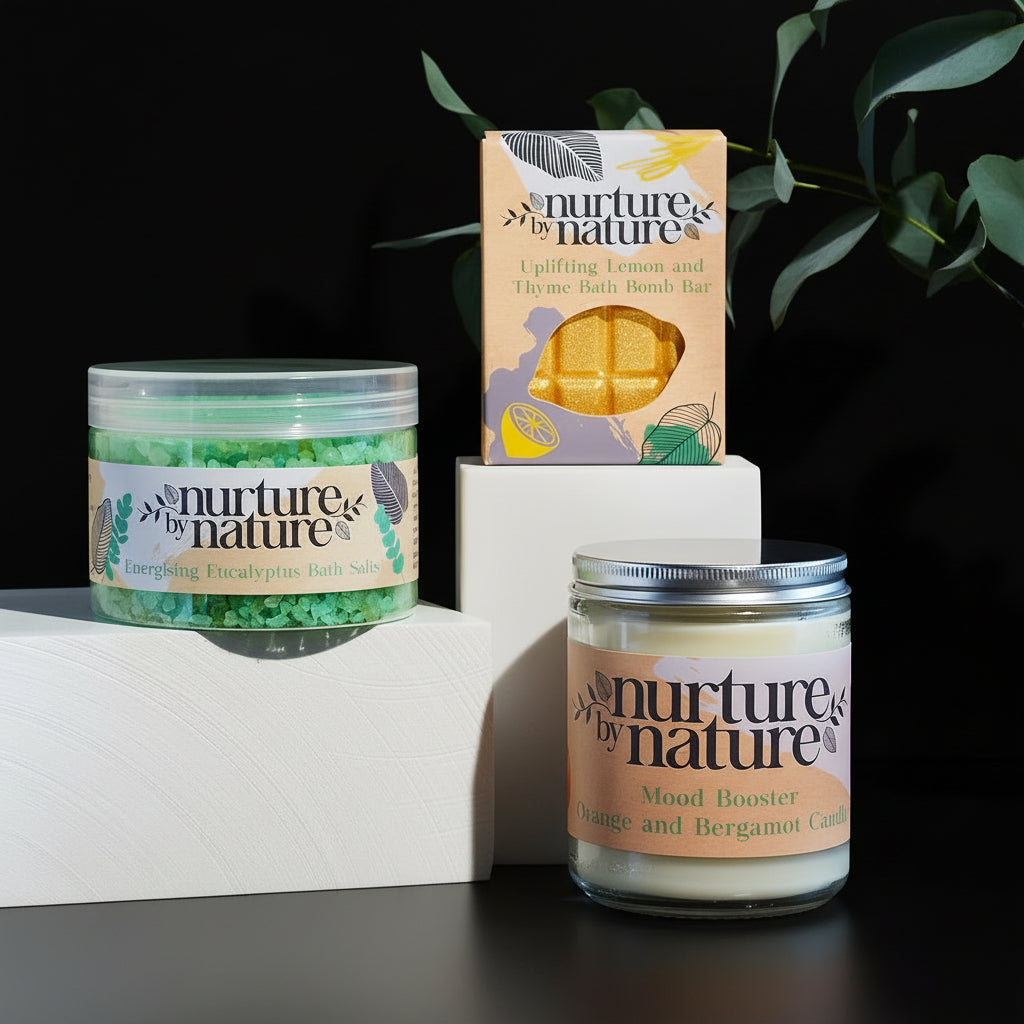 Nurture by Nature RELAX & UPLIFT Pamper Spa Kit – Mother's Day Gift – Spa Gift Basket with Bath Salts, Bath Bombs & Candle – Self-Care Kit – At-Home Spa Set for Special Occasions, Bath Set
