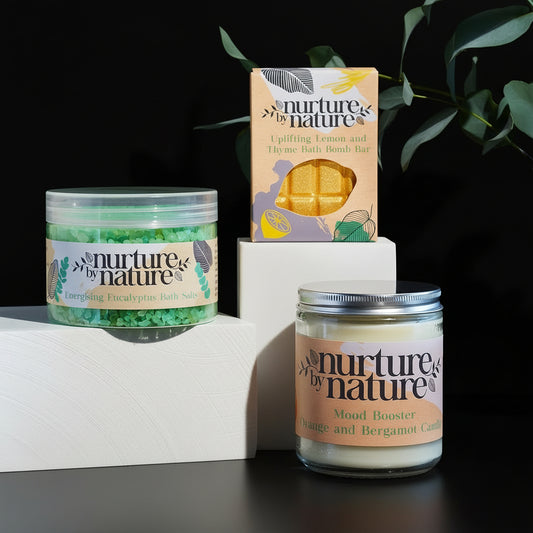Nurture by Nature RELAX & UPLIFT Pamper Spa Kit – Mother's Day Gift – Spa Gift Basket with Bath Salts, Bath Bombs & Candle – Self-Care Kit – At-Home Spa Set for Special Occasions, Bath Set
