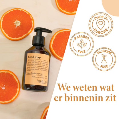 Jean & Len Handzeep Blood Orange & Vetiver, vloeibare zeep in pompdispenser voor schone en verzorgde handen, fruitig-bosachtige geur, zonder parabenen, siliconen & microplastics, veganistisch, 250 ml