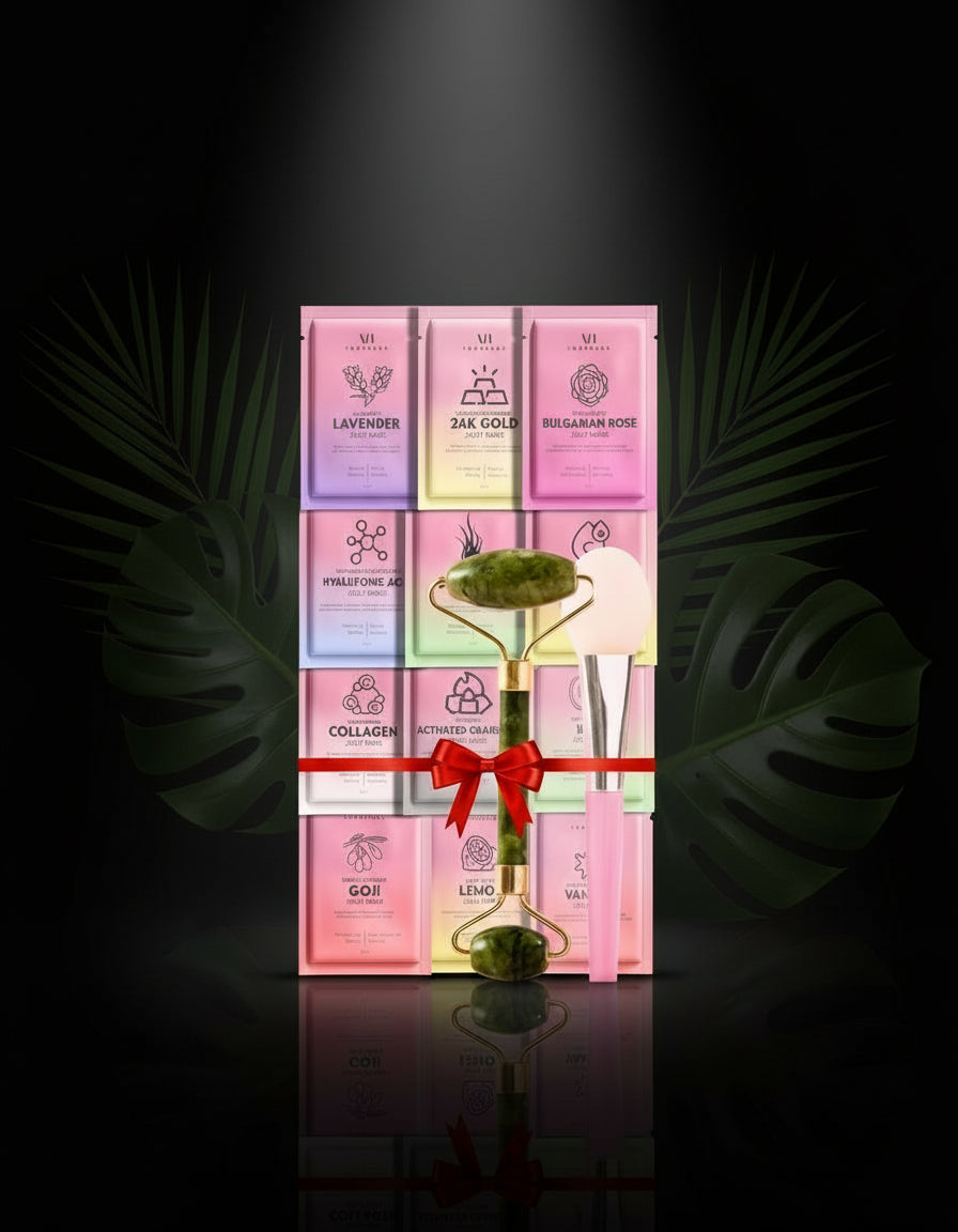 Jelly Mask for Facials - 12 Flavors Moisturizing & Brightening Jelly Face Masks | Free Jade Roller & Spatula | Bulgarian Rose, Lavender, Hyaluronic Acid, 24K Gold Face Mask Skin Care |