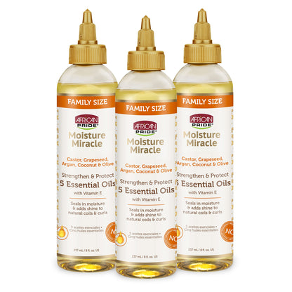 African Pride Moisture Miracle 5 Essential Oils - Contains Castor, Grapeseed, Argan, Coconut & Olive Oil, Seals in Moisture & Adds Shine, Vitamin E, 4 oz (3 Pack)