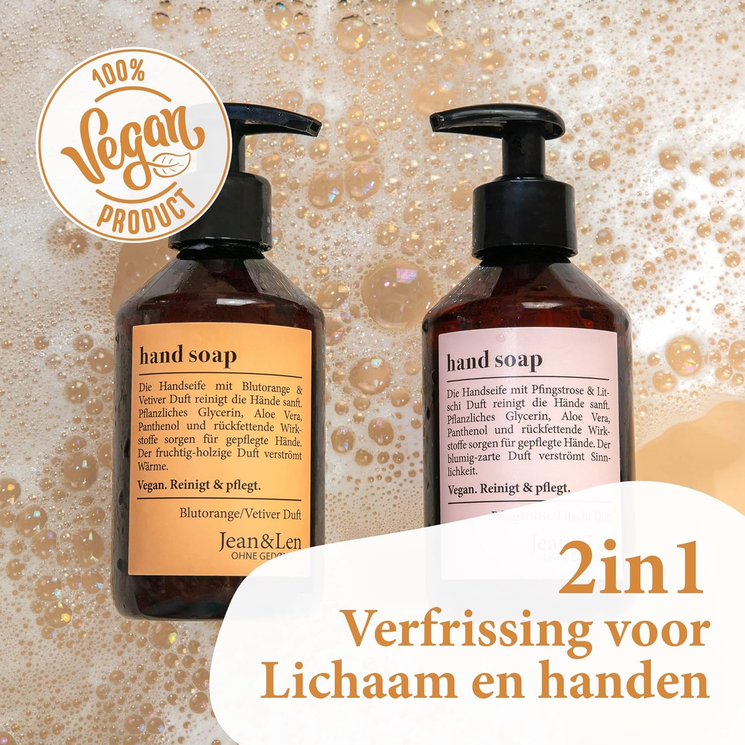Jean & Len Handzeep Blood Orange & Vetiver, vloeibare zeep in pompdispenser voor schone en verzorgde handen, fruitig-bosachtige geur, zonder parabenen, siliconen & microplastics, veganistisch, 250 ml