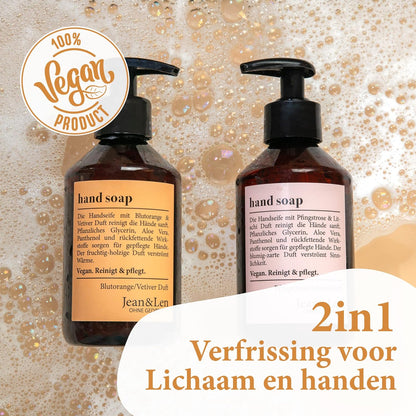 Jean & Len Handzeep Blood Orange & Vetiver, vloeibare zeep in pompdispenser voor schone en verzorgde handen, fruitig-bosachtige geur, zonder parabenen, siliconen & microplastics, veganistisch, 250 ml