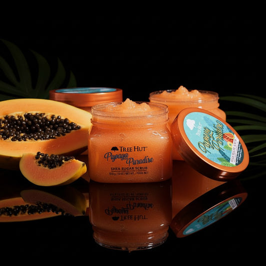Tree Hut - Suikerlichaamscrub - Papaya Paradise - 510 g blik - Bevat sheaboter en ananas-oppervlakken - Helpt bij het herstellen van de glans van de huid - Voedt diep en glad