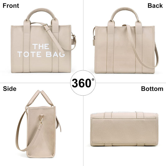 JQWSVE The Tote Bags for Women Handbag Tote Purse with Zipper PU Leather Crossbody Bag for Office, Travel, School, Pu-beige