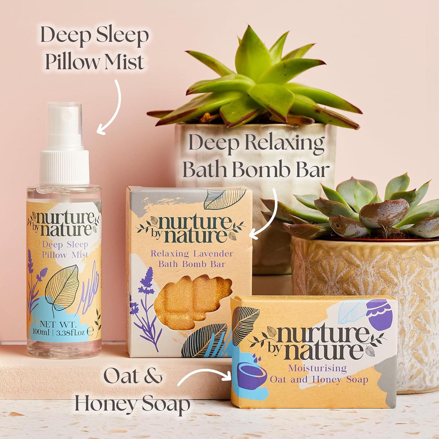 Nurture by Nature RELAX & CALM Spa Kit - Mothers Day Gift - Spa Gift Baskets For Women, Complete Bath Sets for Women Gift - Lavender Pillow Mist, Bath Salts, Bath Bomb - Self Care Gift Basket