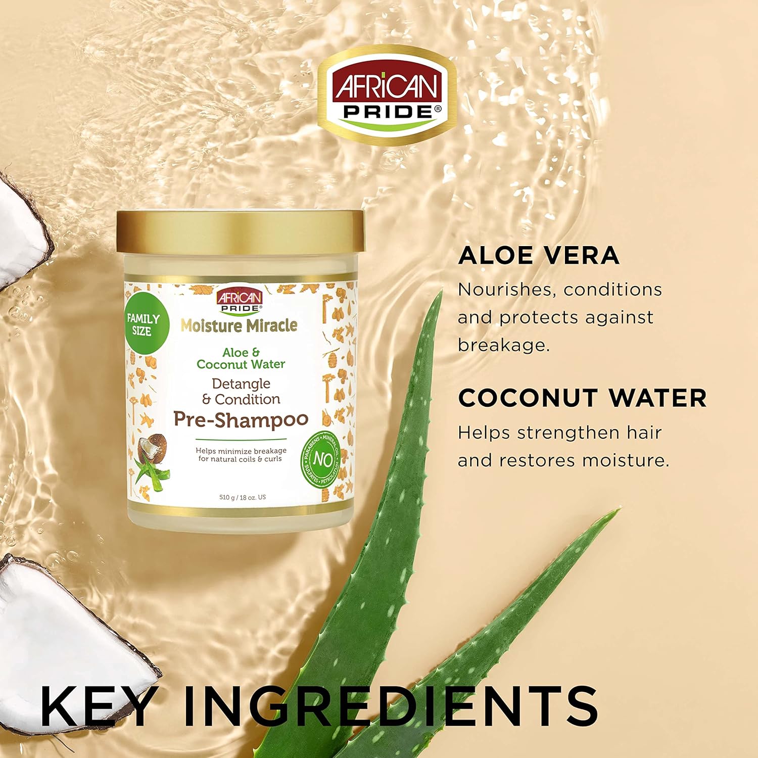 African Pride Moisture Miracle Pre-Shampoo Hair Detangler with Aloe & Coconut Water | Minimizes Breakage, Hydrates & Strengthens | Pre-Poo Treatment for Natural Coils & Curls | 18 oz.