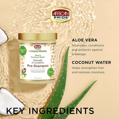 African Pride Moisture Miracle Pre-Shampoo Hair Detangler with Aloe & Coconut Water | Minimizes Breakage, Hydrates & Strengthens | Pre-Poo Treatment for Natural Coils & Curls | 18 oz.