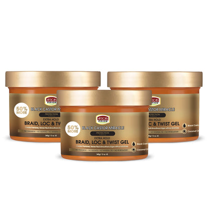 African Pride Black Castor Miracle Extra Hold Braid, Loc, Twist Gel, Tames Frizz & Edges, No Parabens, Sulfates, Mineral Oil or Petrolatum, Contains Black Castor & Coconut Oil