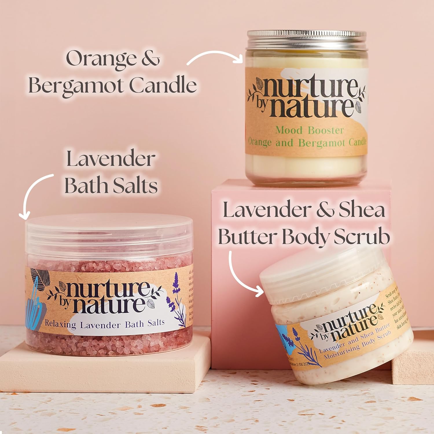 Nurture by Nature RELAX & CALM Spa Kit - Mothers Day Gift - Spa Gift Baskets For Women, Complete Bath Sets for Women Gift - Lavender Pillow Mist, Bath Salts, Bath Bomb - Self Care Gift Basket