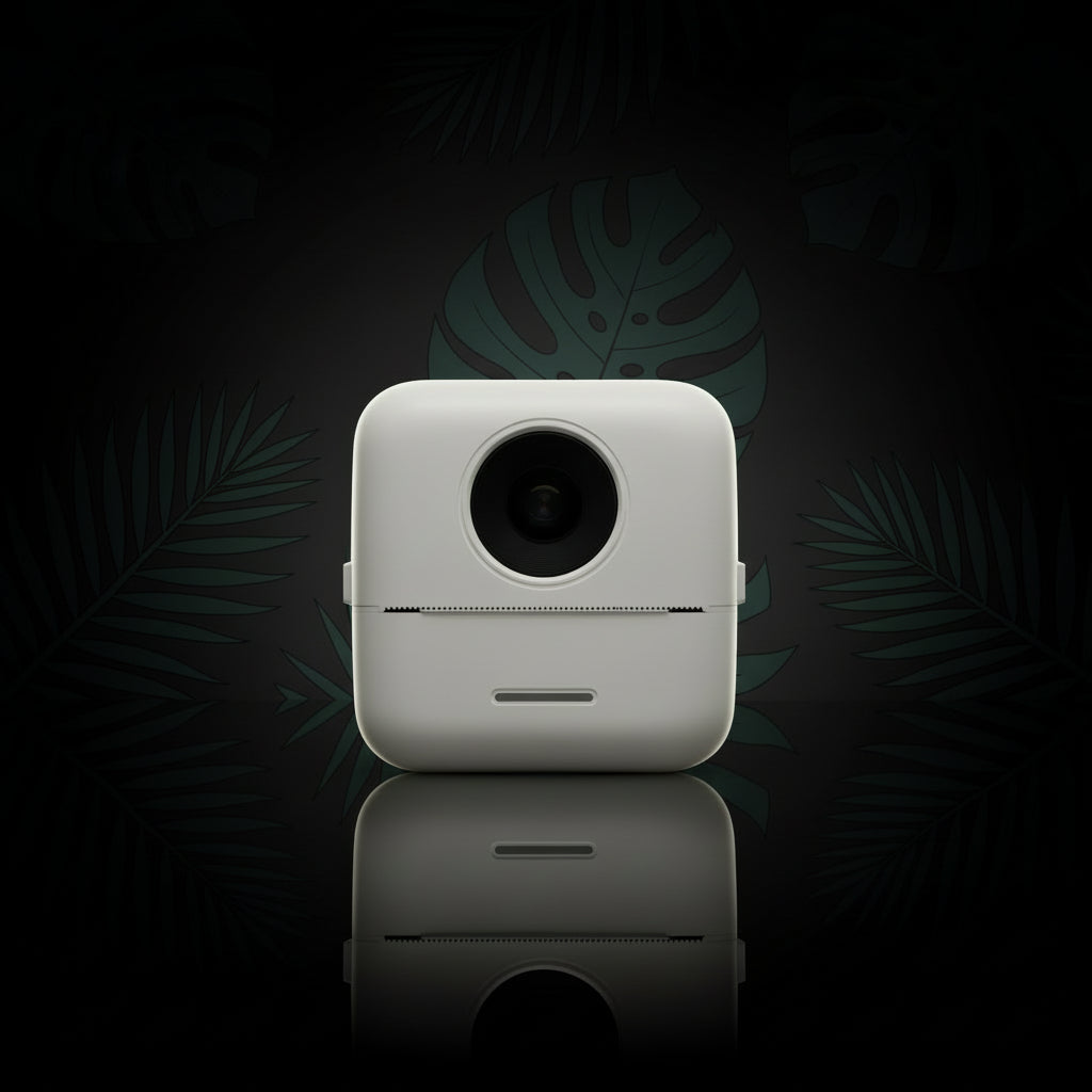 A portable mini thermal printer on a marble surface.