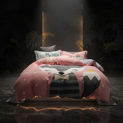 A four-piece bed sheet set with a cartoon theme, featuring a blue color with white polka dots and text, displayed on a bed with pillows and a quilt.