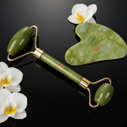 Premium Jade Roller & Gua Sha Set - 5-in-1 Skin Serum, Anti-Aging Glow Facial Massager, Luxury Skincare Gift for Women and Men (with Hyaluronic Acid + Vitamin C +