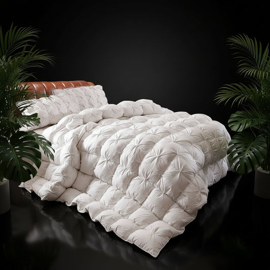 A twisted pattern white duvet cover displayed on a bed in a bedroom setting.