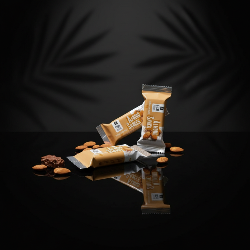 Almond snack bars and a bowl of almonds on a wooden board with a white background.