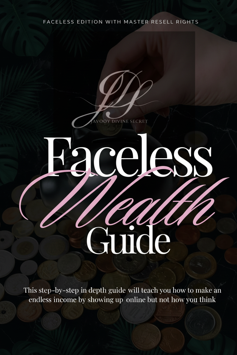 Book cover of 'Faceless Wealth Guide' with coins and a hand on a dark background