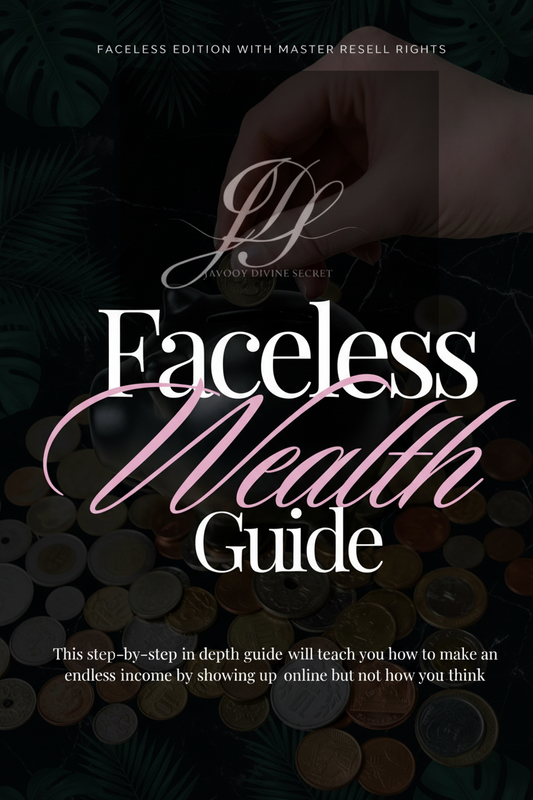 Book cover of 'Faceless Wealth Guide' with coins and a hand on a dark background