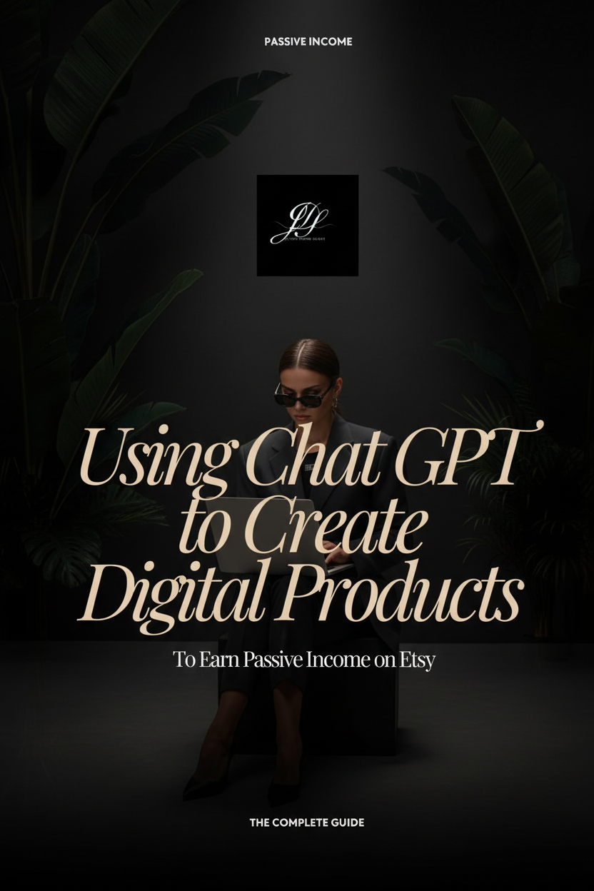 Person wearing sunglasses with text about using Chat GPT to create digital products for passive income on Etsy.
