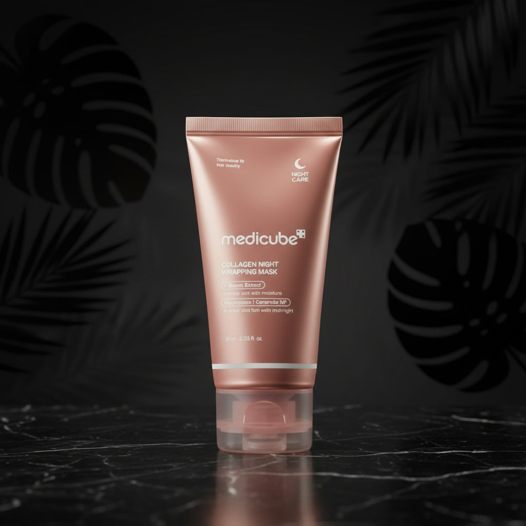 A tube of Medicube Collagen Night Wrapping Mask with pink and white packaging.