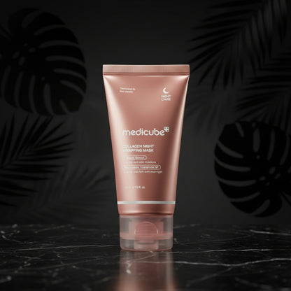 A tube of Medicube Collagen Night Wrapping Mask with pink and white packaging.