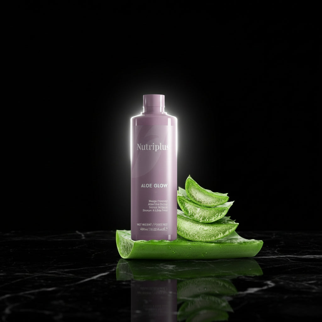 A bottle of Nutriplus Aloe vera Glow with a concentration of 40% aloe oil, accompanied by slices of aloe vera. The product is purple in color and has text indicating its benefits for skin and health.