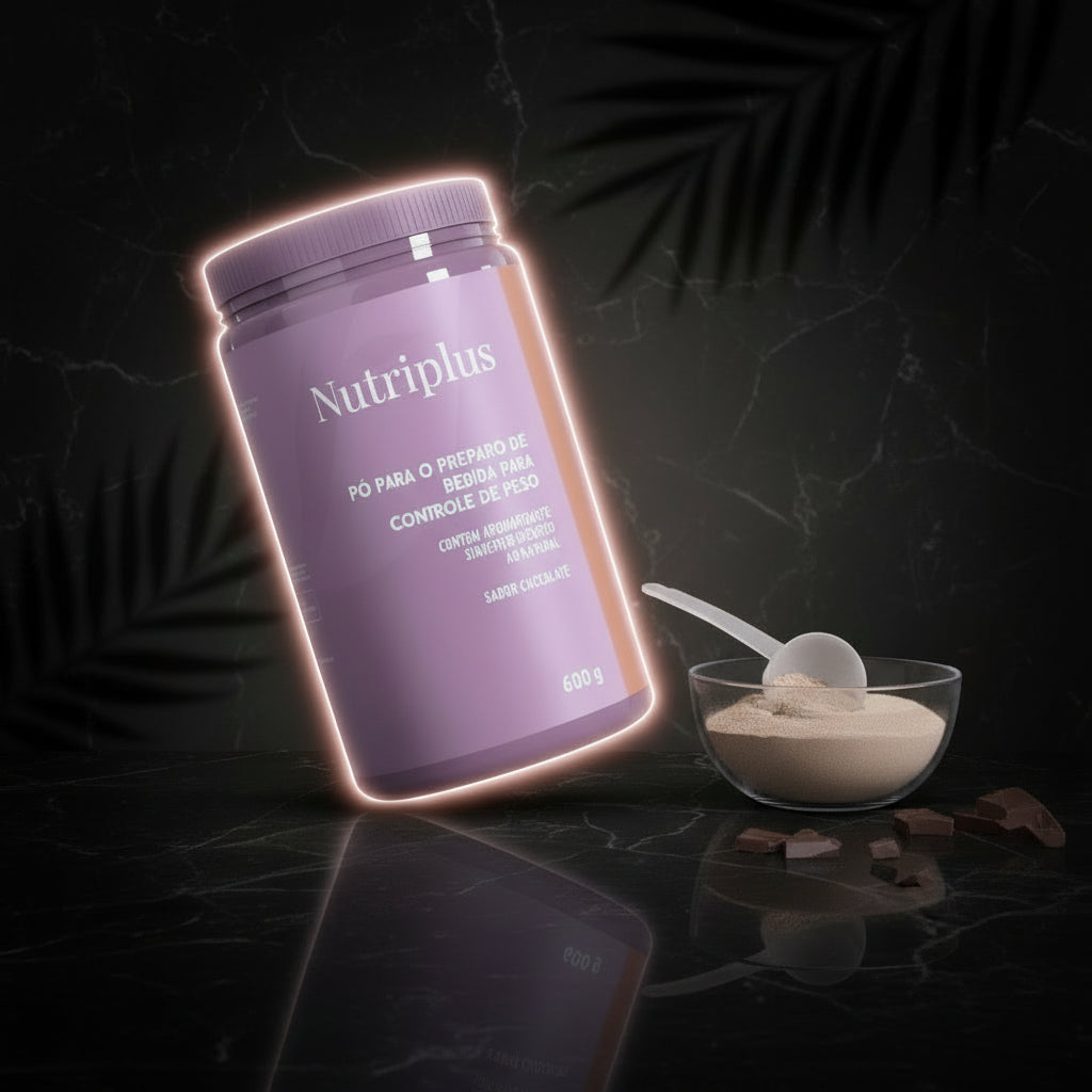 A container of Nutriplus collagen supplement powder with chocolate flavor, alongside a scoop and pieces of chocolate.