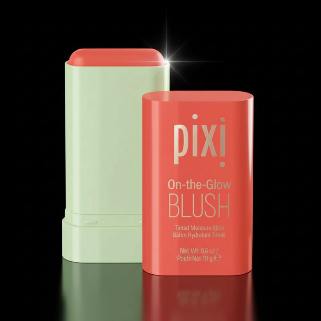 Pixi brand blush stick, with an image showing the pink colored stick, its cap, and a swatch of the product. A small photo of a person applying the blush on their cheeks is also shown.