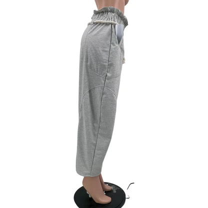 CM.YAYA Fashion Women Pocket Belt Wide Leg Loose Jogger pants bottums