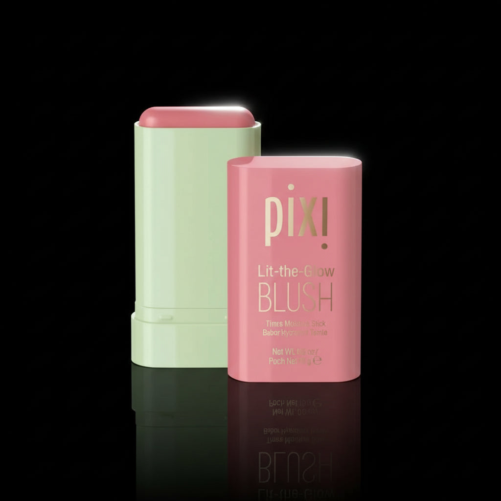 Pixi brand blush stick, with an image showing the pink colored stick, its cap, and a swatch of the product. A small photo of a person applying the blush on their cheeks is also shown.